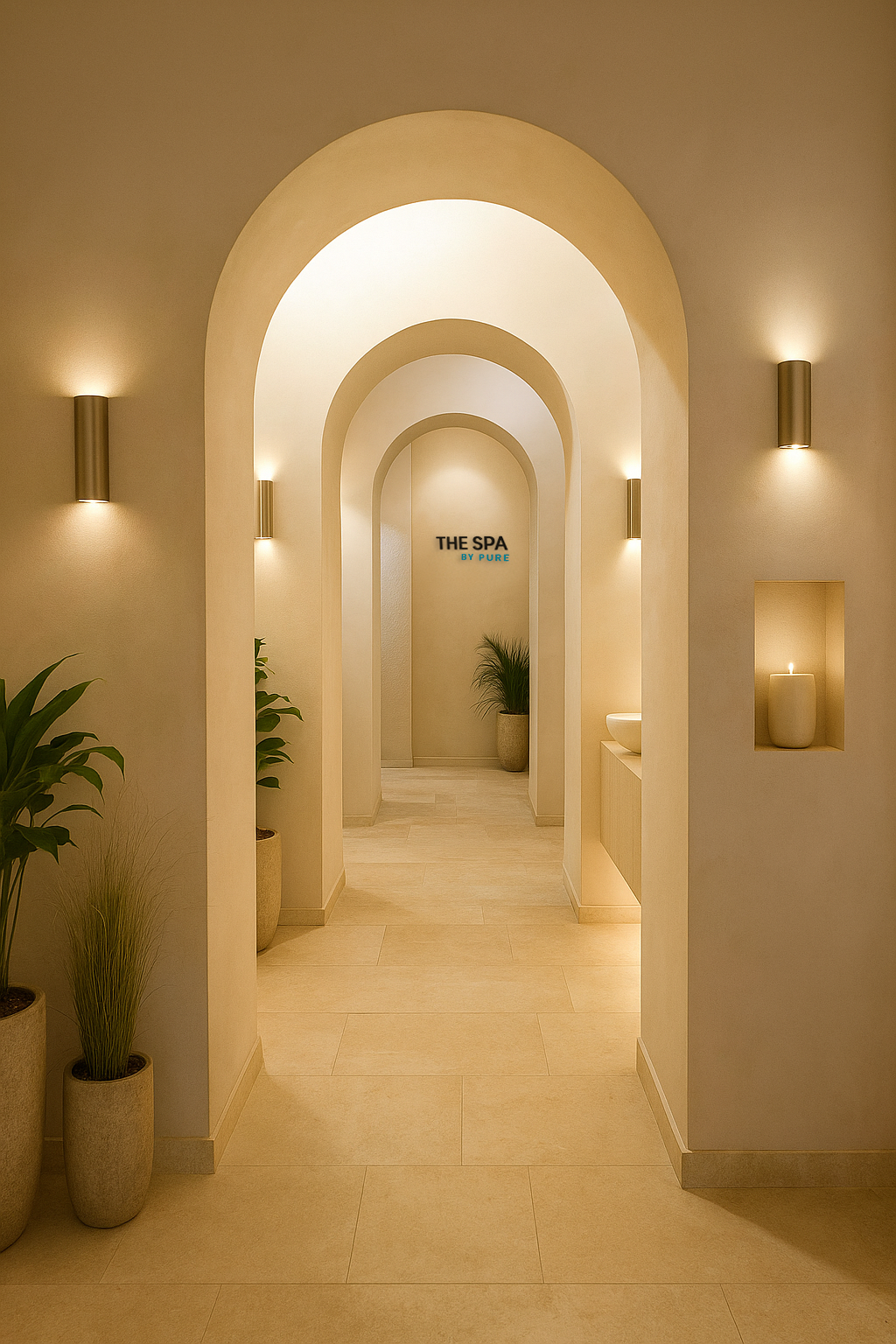 The Spa by Pure luxurious hallway with warm lighting and modern design
